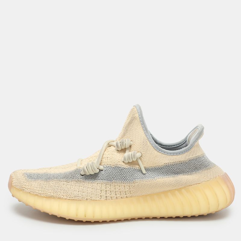 Yeezy X Adidas Beige/Blue Knit Fabric Boost 350 V2 'Linen' Low Top Sneakers 40
